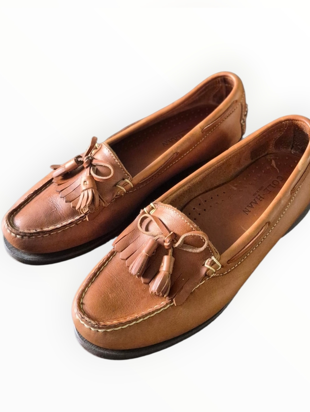 COLE HAAN LADIES VTG Cognac Brown Shall Bow Tie oak leather tassel mock loafers